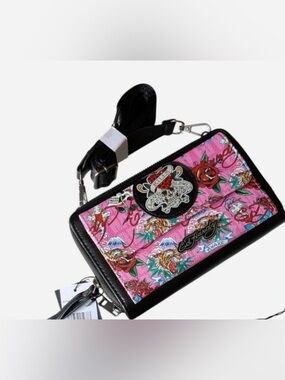 Ed Hardy Pink Tattoo-Print Crossbody with Black Trim